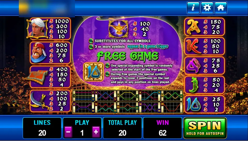 Aladdin rules on Play8oy: pays for Aladdin, the bandit, the carpet and the sword, the golden lamp wild and the free game with one expanding symbol