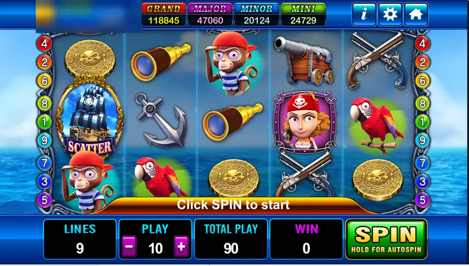 Captain Roger on Play8oy: the pirate ship scatter, a monkey, a parrot, cannons and a spyglass, 9 lines at 10 for 90