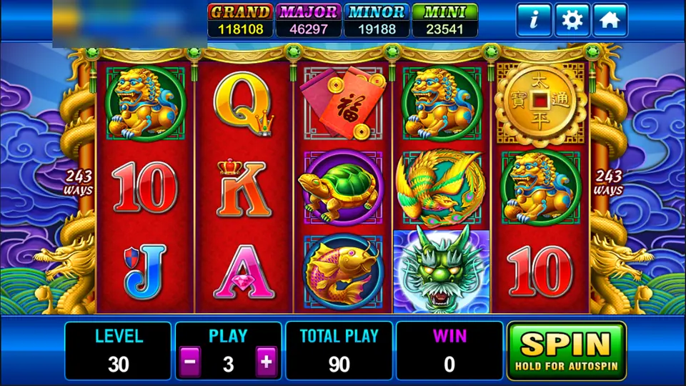 Dragons Legend on Play8oy: guardian lions, a turtle, a koi, a green dragon face and a gold coin, at level 30 and a play of 3