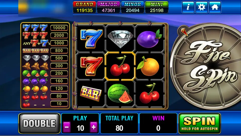 Fire Spin on Play8oy: the pay table next to the reels, 10000 for three blue sevens at a play of 10, and the Fire Spin wheel