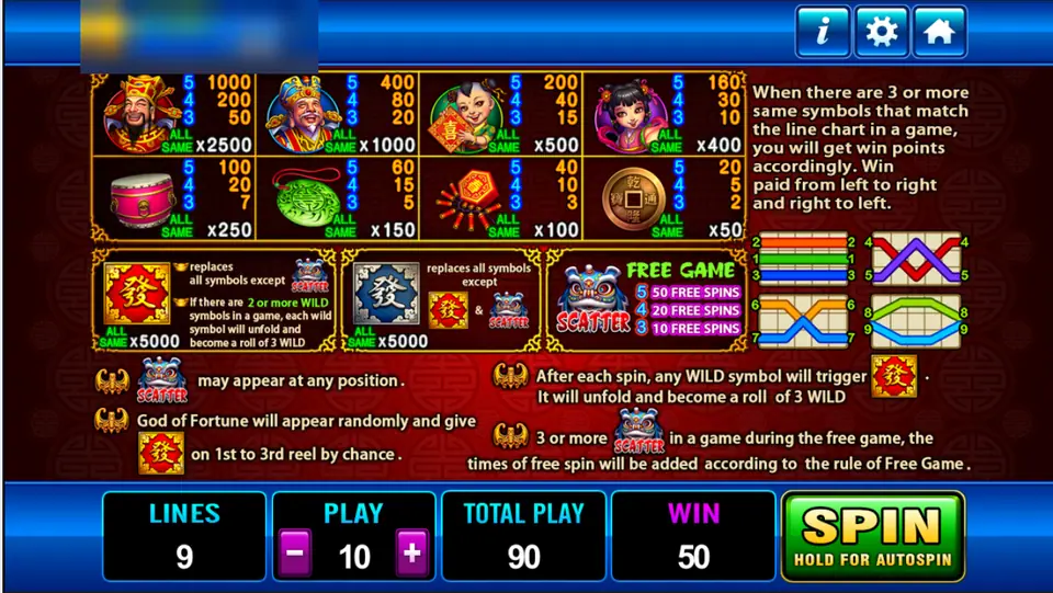 God of Wealth rules on Play8oy: red and blue 發 wilds, the lion dance scatter with 10 to 50 free spins, and pays both ways on 9 lines