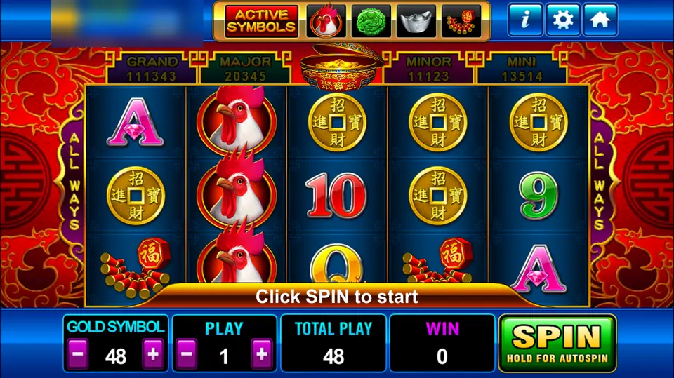 Golden Rooster on Play8oy: red roosters stacked on reel 2 among 招財進寶 coins and firecrackers, Gold Symbol 48 and a play of 1