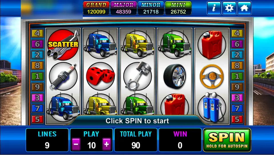 Highroad Kings JP on Play8oy: blue, yellow and green trucks, spark plugs, dice and a red Scatter badge, 9 lines at 10 a line for 90
