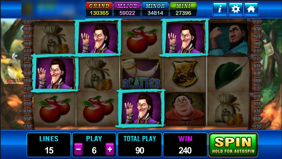 Robin Hood on Play8oy: four noblemen in purple pay 240 at 15 lines and a play of 6