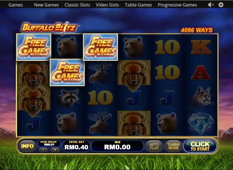 Buffalo Blitz on Rollex11: three FREE GAMES tiles on reels 1 to 3, buffalo and bear tiles, 4096 ways at a total bet of RM0.40