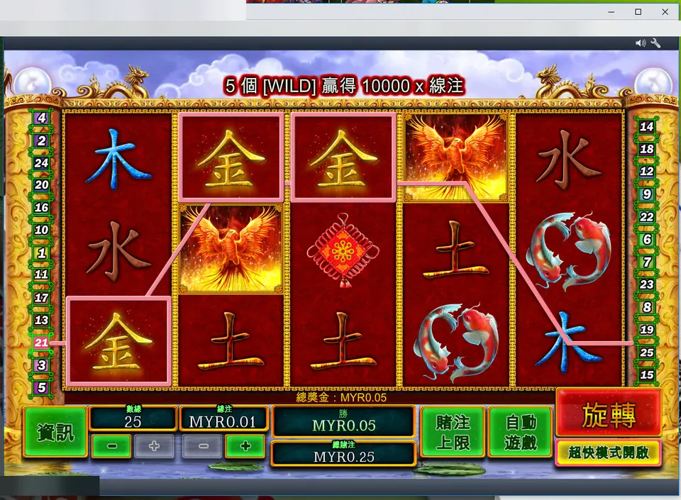 Fei Long Zai Tian on Rollex11: a winning line of three 金 characters, a phoenix and a pair of koi, banner for 5 wilds paying 10000 times, 25 lines at MYR0.01