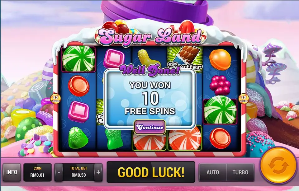 Sugar Land on Rollex11: a Well Done screen announcing 10 free spins over candy reels, 50 lines, total bet RM0.50