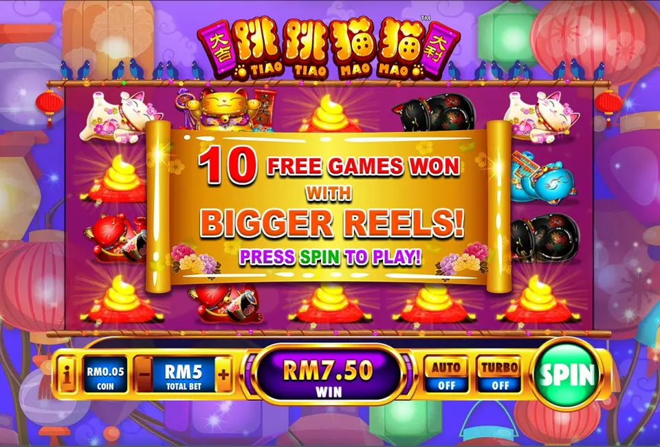 Tiao Tiao Mao Mao on Rollex11: a scroll announcing 10 free games with bigger reels over lucky cat symbols, total bet RM5, win RM7.50