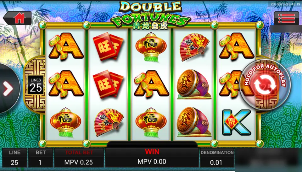 Double Fortunes on Sky777: red packets, lanterns, fans and card ranks on five reels, 25 lines at 0.01