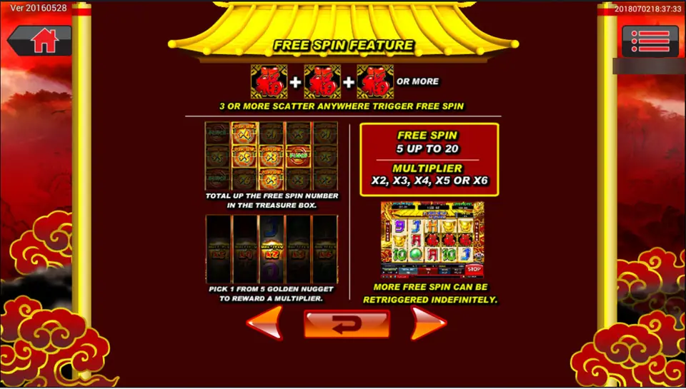 Dragon Gold free spin feature card on Sky777: 5 to 20 free spins and a multiplier from x2 to x6