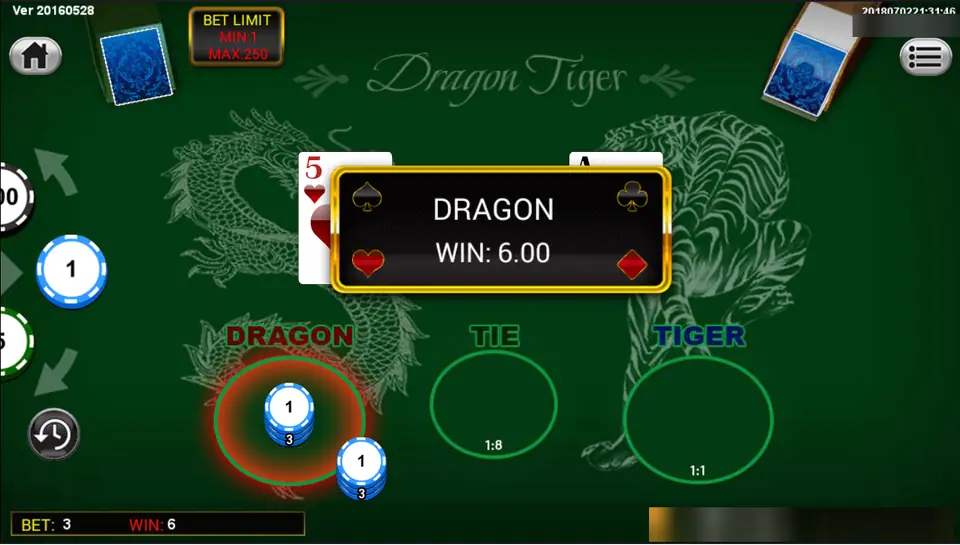 Dragon Tiger on Sky777: a five of hearts beats an ace and a bet of 3 on Dragon returns 6.00