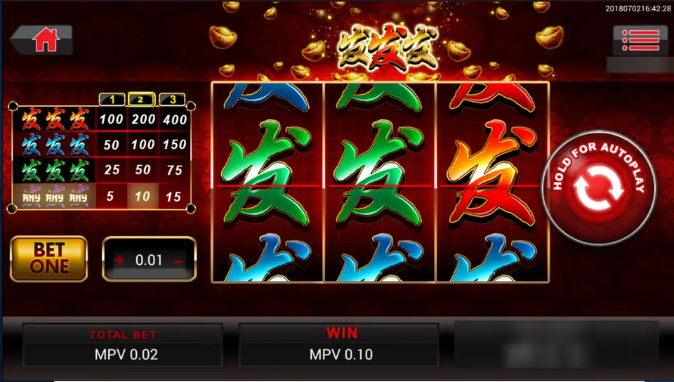 Fa Fa Fa on Sky777: green, green and red 发 on the line, two coins bet and a win of 0.10
