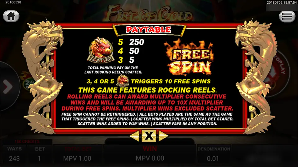 Fist of Gold pay table on Sky777: red dragon scatter pays 250, and 3 to 5 scatters give 10 free spins