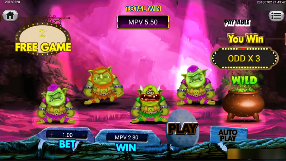 Goblin Treasure on Sky777: four goblins and a cauldron wild in a pink cave, You Win ODD X 3, 2 free games left