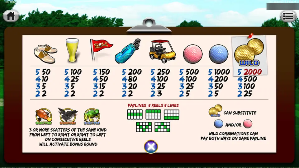 Golf Champions pay table on Sky777: golden golf balls wild pays 2000, blue ball 1000, pink ball 500, cart 250