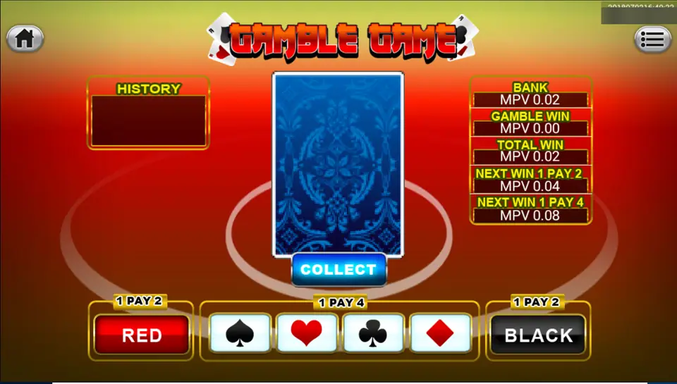 Great Blue gamble game on Sky777: red or black pays 2, a suit pays 4, bank 0.02