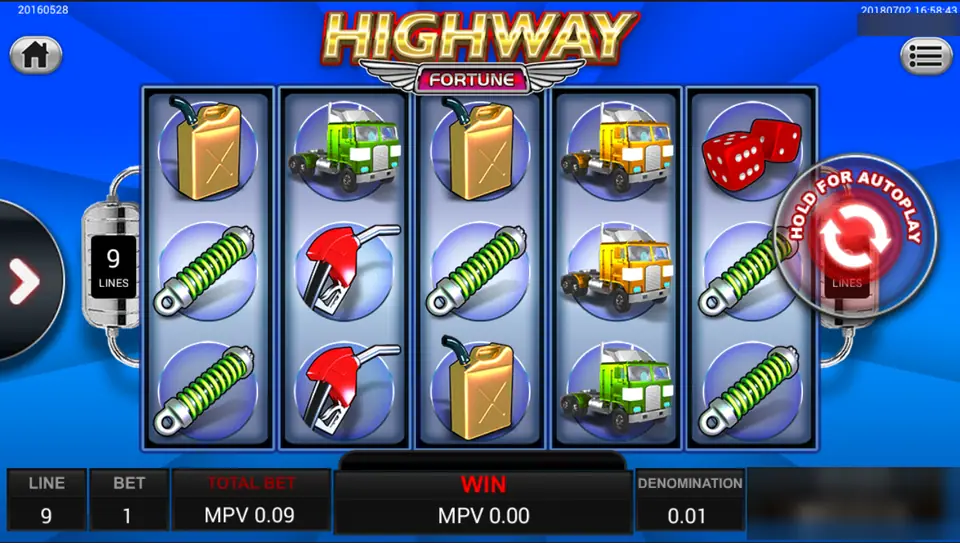 Highway Fortune on Sky777: jerry cans, shock absorbers, fuel nozzles, green and yellow trucks and dice, 9 lines