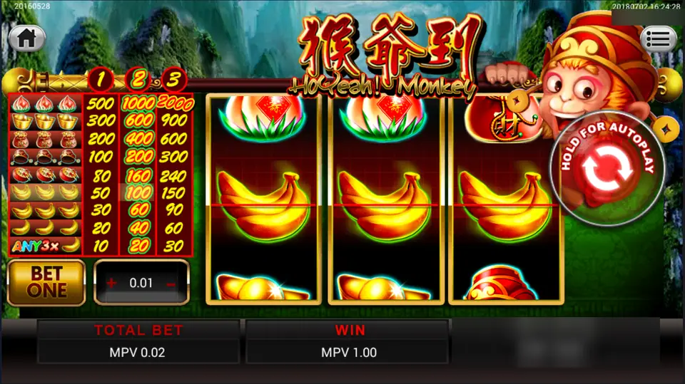 HoYeah Monkey on Sky777: three bananas on the line with two coins bet pay 1.00