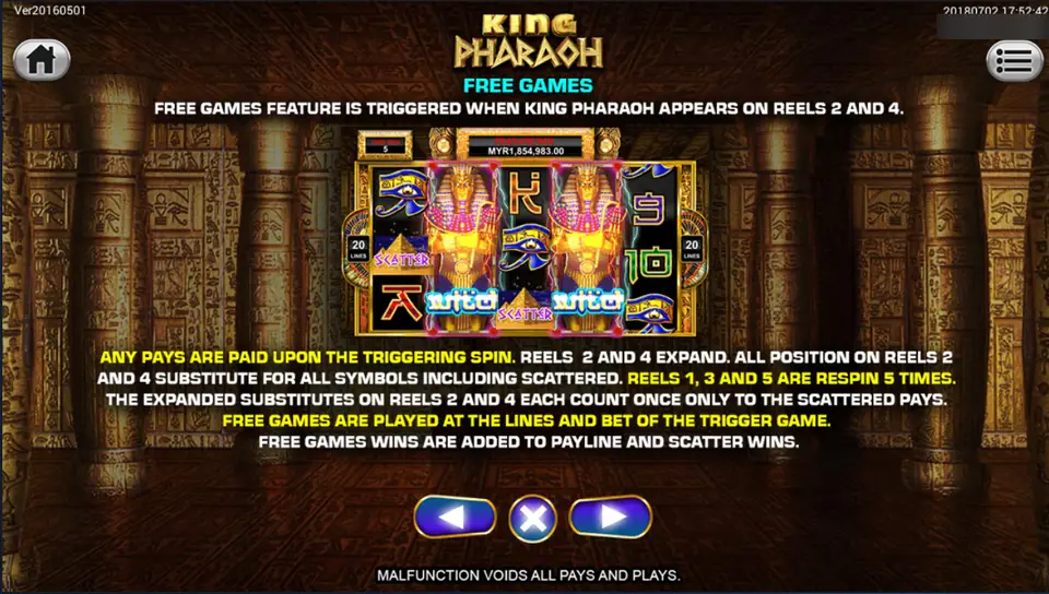 King Pharaoh free games card on Sky777: reels 2 and 4 expand and reels 1, 3 and 5 respin five times