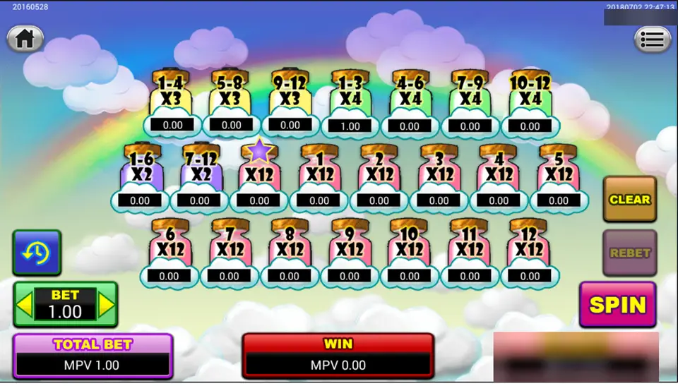 Lucky Baby betting board on Sky777: single numbers and the star pay x12, groups of three x4, four x3, six x2