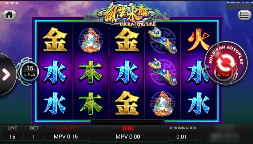 Lucky Feng Shui on Sky777: element characters, a gourd vase and a ruyi sceptre on 15 lines at 0.01