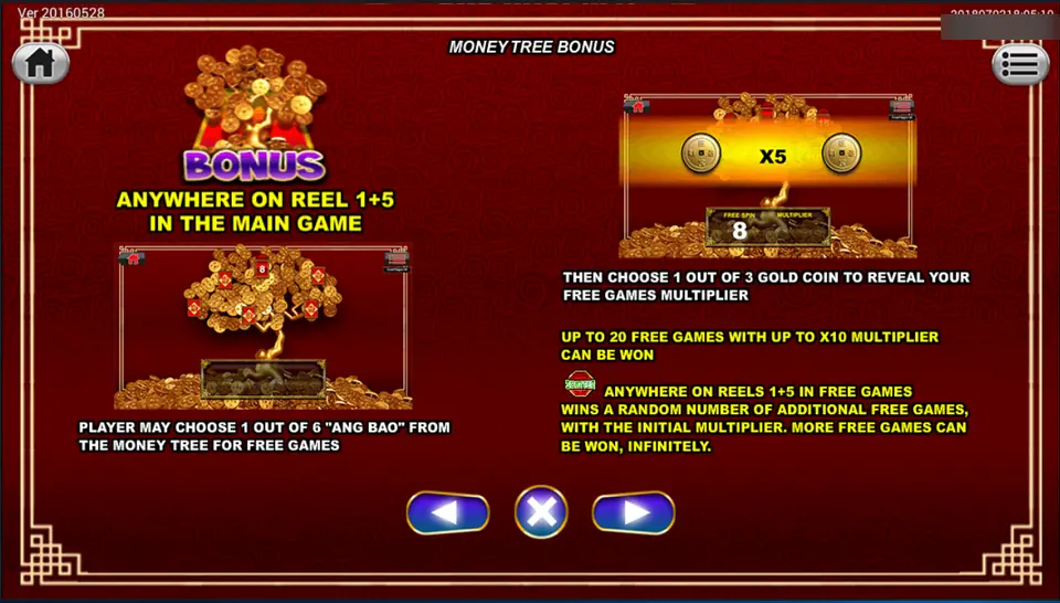 Lucky Koi Money Tree Bonus on Sky777: pick an ang bao for free games, then a gold coin for the multiplier