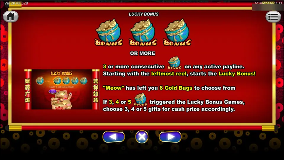 Lucky Meow Lucky Bonus card on Sky777: three or more gold bags on a line let you choose from six bags