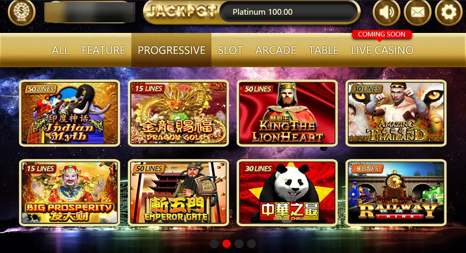 Sky777 lobby on the Progressive tab: Indian Myth, Dragon Gold, King the Lionheart, Amazing Thailand, Big Prosperity, Emperor Gate, Great China and Railway King, balance blurred